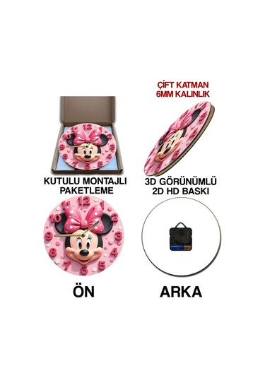 Minnie Mouse Temalı Pembe Mdf Duvar Saati 3d Görünümlü, Sessiz Mekanizmalı, 2d Hd Baskı Sdw235 Renkli