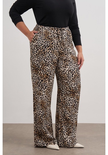 Beli Lastikli Leopar Desenli Pantolon-2556 Kahverengi