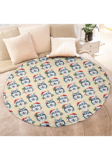 Husky Desenli Yuvarlak Polar Battaniye, Yumuşak & Hafif, 47 İnç-a4 Husky Santa Hat