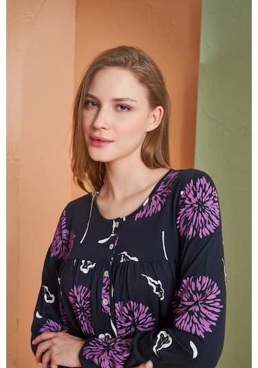 Pjs 27166 Kadın Uzun Kol Gecelik Lacivert