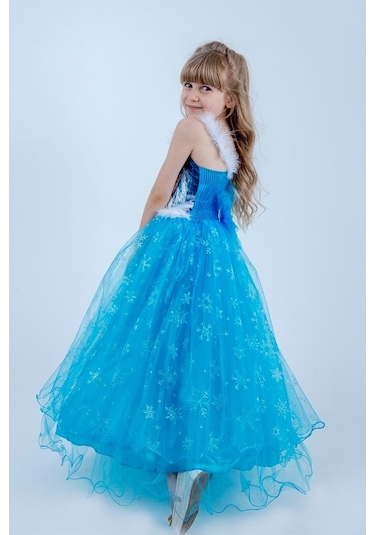 Uzun Elsa Kasnaklı Kız Çocuk Parti Elbisesi
