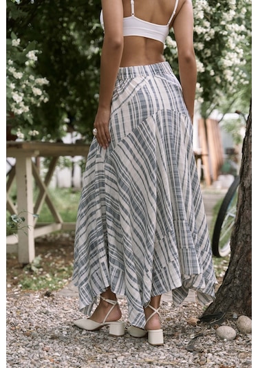 Peigi Çizgili Parçalı İndigo Midi Etek İndigo