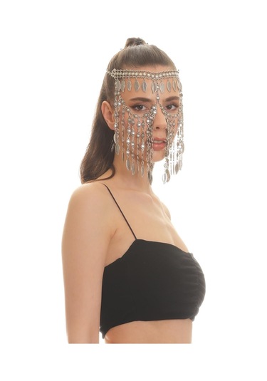 Kadın Antik Gümüş Kaplama Yaprak Charm Detaylı Ayarlanabilir El Yapımı Peçe, Yüz Zinciri Gümüş