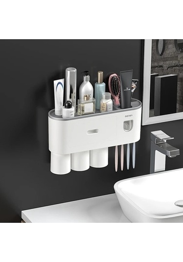 Fastbuy Challenger Diş Fırçası Tutucu Ve 4 Bardaklı Banyo Organizatörü Macun Dispenser Kiti Gri Gri