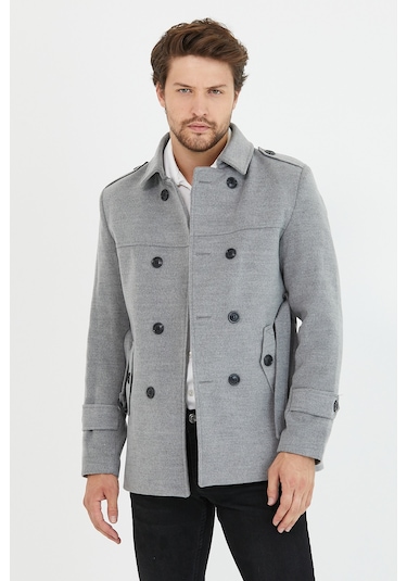 Mero Life Erkek Açık Gri Kemerli Kaşe Kaban Trenç Model Açık Gri