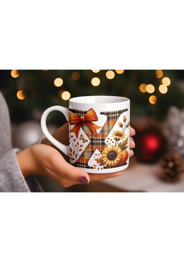 X Harfi Ekose Ve Sonbahar Temalı Kupa Bardak - Kişiye Özel Sıcak Tonlar Alfabe Kupa - Hediye Beyaz