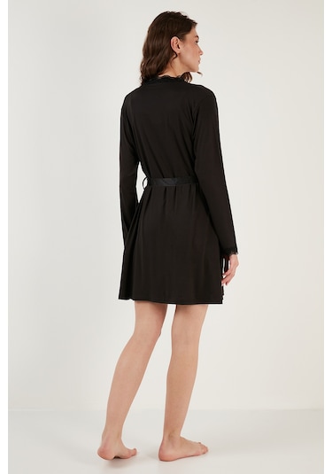 Lela Dantel Detaylı Yırtmaçlı Sabahlıklı Bayan Gecelik 6097580 Siyah