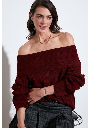 Lela Oversize Fit Madonna Yaka Triko Bayan Kazak 4615216 Bordo