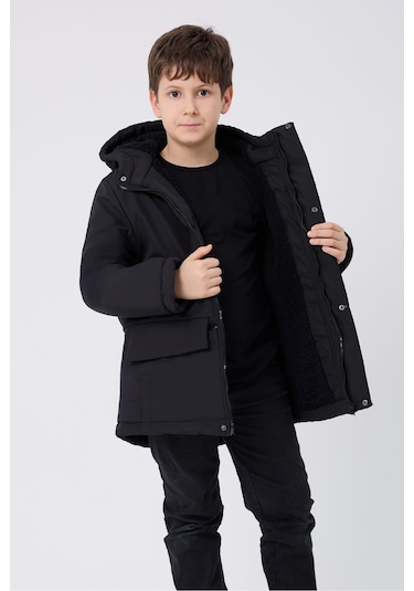 Kız Çocuk Siyah İçi Kürklü Su Ve Rüzgar Geçirmez Kapüşonlu 3 Cep Kışlık Mont & Kaban & Parka Siyah