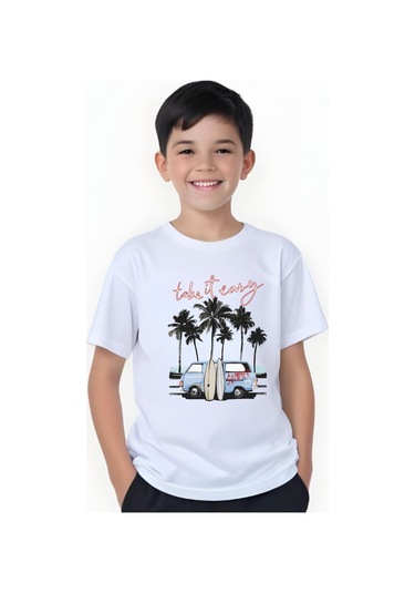 Summer Van Baskılı Erkek Çocuk Yuvarlak Yaka Kısa Kollu T-shirt Beyaz