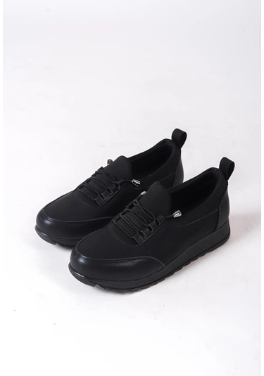 Kadın Galina Siyah Bağcıklı Lastikli Ortopedik Rahat Taban Taş Detaylı Günlük Babet Anne Ayakkabısı-siyah Siyah