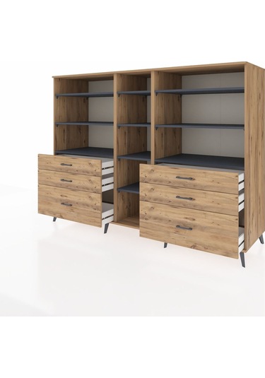 Kronos Dolap 10 Raflı 6 Çekmeceli 220x59x163 Çam-antrasit/çam Çam-antrasit/çam