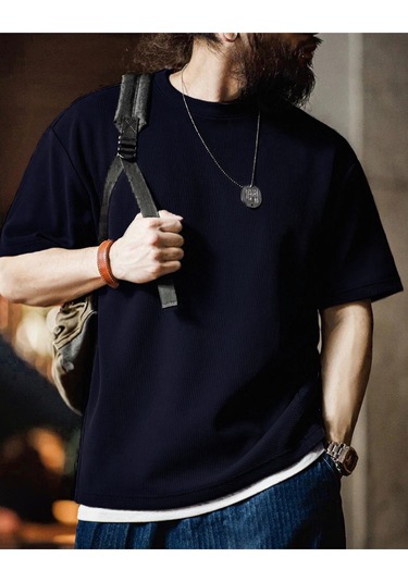 Genius Store Erkek Oversize Bisiklet Yaka Kısa Kollu Waffle Tişört Waffle-bisikletyaka Lacivert