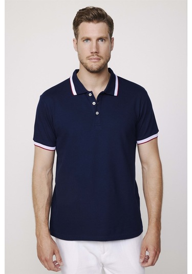 Tudors Erkek Polo Yaka Slim Fit Yaka Ve Kol Şeritli Pike Lacivertvert Tişört-27689-Lacivertvert Lacivert