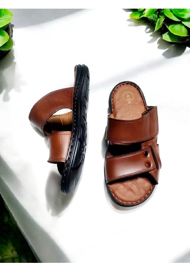 Erkek Gerçek Deri Cırtlı Ayarlanabilir Ev Ve Dışarı Terliği Taba