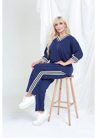 Şeritli Takım Oysho Modal Kumaş Şeritli Yumuşak Dokulu M-6xl Lacivert