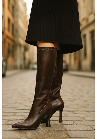 Diz Altı Streç Kadın Topuklu Çizme Kahverengi