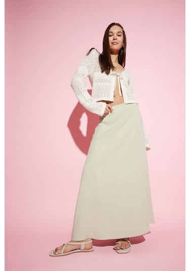DeFacto A Kesim Yüksek Bel Keten Karışımlı Maxi Etek E9805AX25SMGN1181 Yeşil