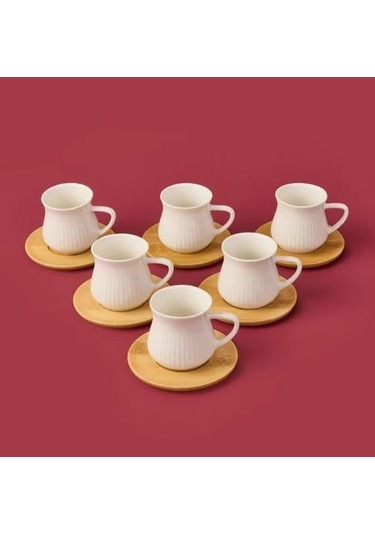 Mien-23403 Bambu Tabaklı 6lı Kahve Fincan Takımı Ahşap - Beyaz