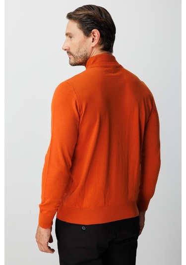 Turuncu Standart Fit Dar Kalıp Yarım Balıkçı Düz Uzun Kollu Triko-10096 Turuncu