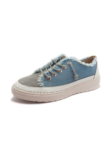 Mavi Renk Taşlı Düz Taban Kadın Kot Sneakers Mavi