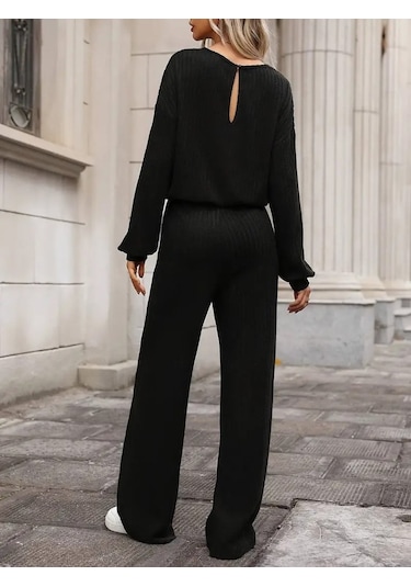 Ge Ticaret Kadın Uzun Kollu Bisiklet Yaka Şardonlu Dalgıç Bluz Ve Pantolon Ikili Takım Siyah