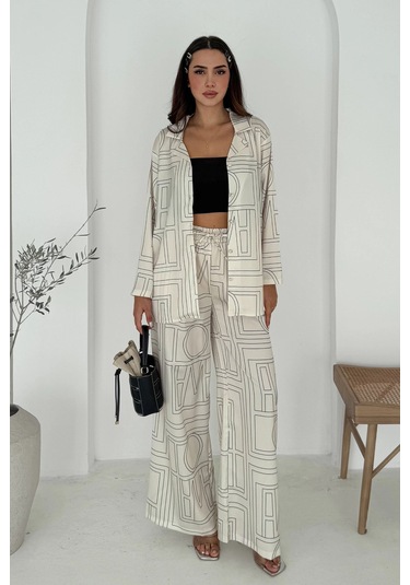 Geometrik Desen Modal Saten Takım Beyaz Beyaz