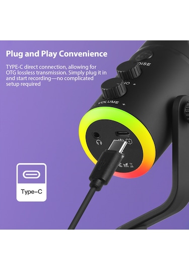 Skycıty Usb Kapasitif Mikrofon, Hemen Kullanılabilir, Rgb Işık Efekti