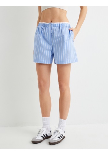 Koton Mini Şort Cepli Beli Çift Lastik Detaylı Mavi Çizgili 4sak40068ew Mavi