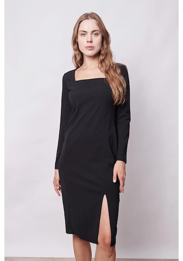 Kadın Likralı Krep Kumaş Kare Yaka Önden Yırtmaçlı Uzun Kol Diz Altı Ofis Elbise-siyah Siyah