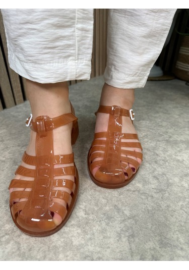 Kadın Çocuk Deniz Ayakkabısı Plaj Havuz Rafting Jel Görünümlü Şeritli Kaydırmaz Taban Sandalet 309 Karamel Kahverengi
