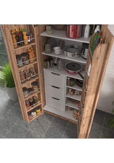 90 Derece Açılabilir 2 Kapaklı, 3 Çekmeceli, Kavanoz Raflı Kiler Ve Erzak Mutfak Dolabı Atlantik Çam