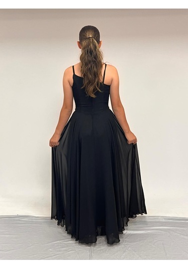 Kız Çocuk Abiye Askılı Siyah Şifon Drape Ve Taş Detaylı Abiye Elbise 10-15 Yaş Siyah