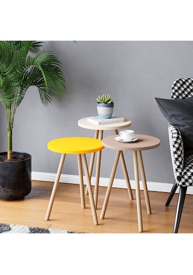 Renkli Üçlü Zigon Sehpa Ahşap Ayaklı Yuvarlak Pastel Tasarım Sarı Krem Cappuccino