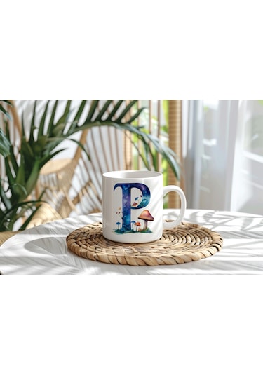 P Baş Harfi Fantastik Mantarlı Kupa Bardak - Kişiye Özel Masalsı Bardak - Hediye Beyaz