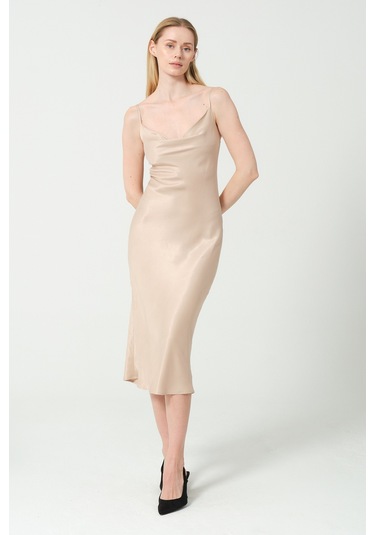 Degaje Döküm Saten Midi Elbise Multi Bej