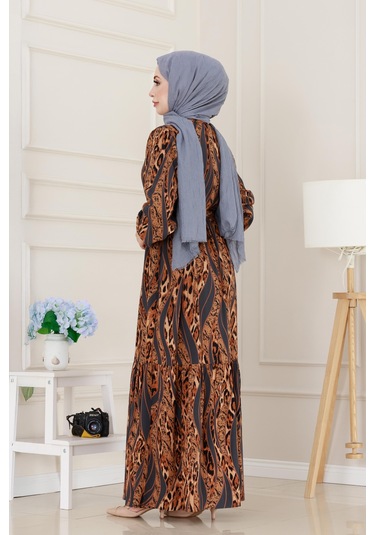 Sevitli Leopar Desenli Beli Tünelli Viscon Elbise-gri-5090 Gri