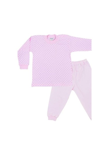 Çocuk Puantiye Desenli Pamuklu Yumuşak Dokulu Pijama-14799 Pudra