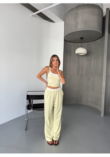 Kadın Çift Kat Detaylı Modal Dokulu Alt Üst Takım Sarı