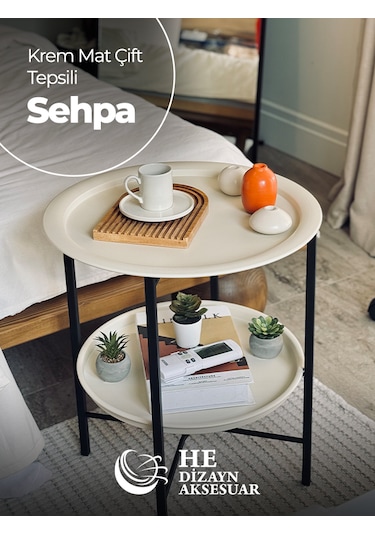Katlanır Çift Kat Tepsili Sehpa Krem