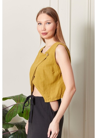 Şık Farklı Tarz Asi Keten Bluz - Modern Ve Cesur Tasarım HARDAL