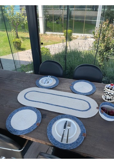 Doğal İp - Leke Tutmaz 6 Lı Masa Takımı 4 Amerikan Servis, 1 Runner, 1 Sepet - Şık Sofra Seti Beyaz/mavi