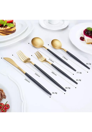 Youmex 304 Paslanmaz Çelik 5 Parça西餐 Seti - Biftek Bıçağı, Çatal, Tatlı Çatalı, Kaşık, Tatlı Kaşığı - Siyah Altın Rengi - Ev Kullanıma Uygun Altın - Siyah