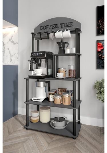 Dekoratif Çok Amaçlı Katlı Antrasit Gri Coffee Tıme Kahve Köşesi 39 Cm X 69 Cm Tüm Kahve Makineleri Gri