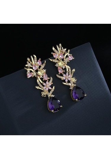 100 % Gerçek 14 K Altın Ametist Damla Küpe Kadınlar Için Aros Mujer Oreja Doğal Mor Ametist Taş Orecchini Küpe Dişiler