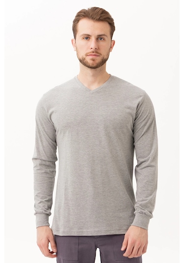 Gaura V Yaka Uzun Kollu T-shirt Gri Melanj