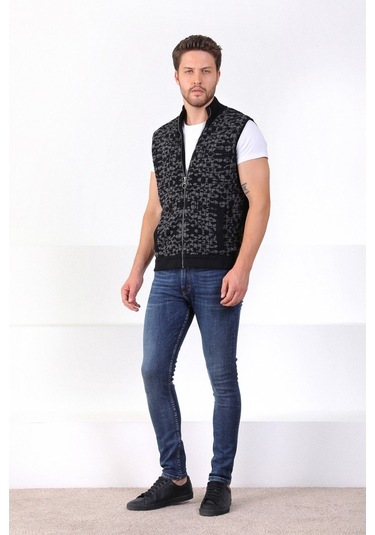 Ferraro Siyah/Antrasit Dik Yaka Cepli Pamuk Erkek Yelek-Siyah