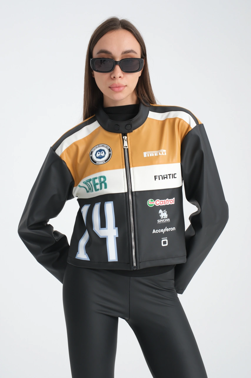 Kadın Oversize Baskılı Deri Şeritli Motorcu Montu Garnili Fermuarlı Yarışçı Ceketi Bomber Kolej Mont Hardal