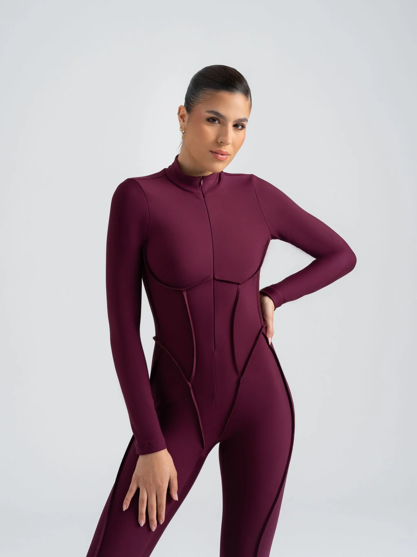 Dikişle Modellenmiş Spor Tayt Tulum Mürdüm