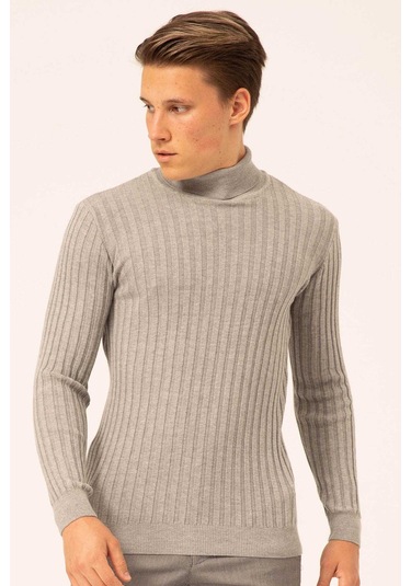 Ateş Triko Erkek Balıkçı Yaka Slim Fit Fitilli Triko Kazak 6091288 Gri Gri